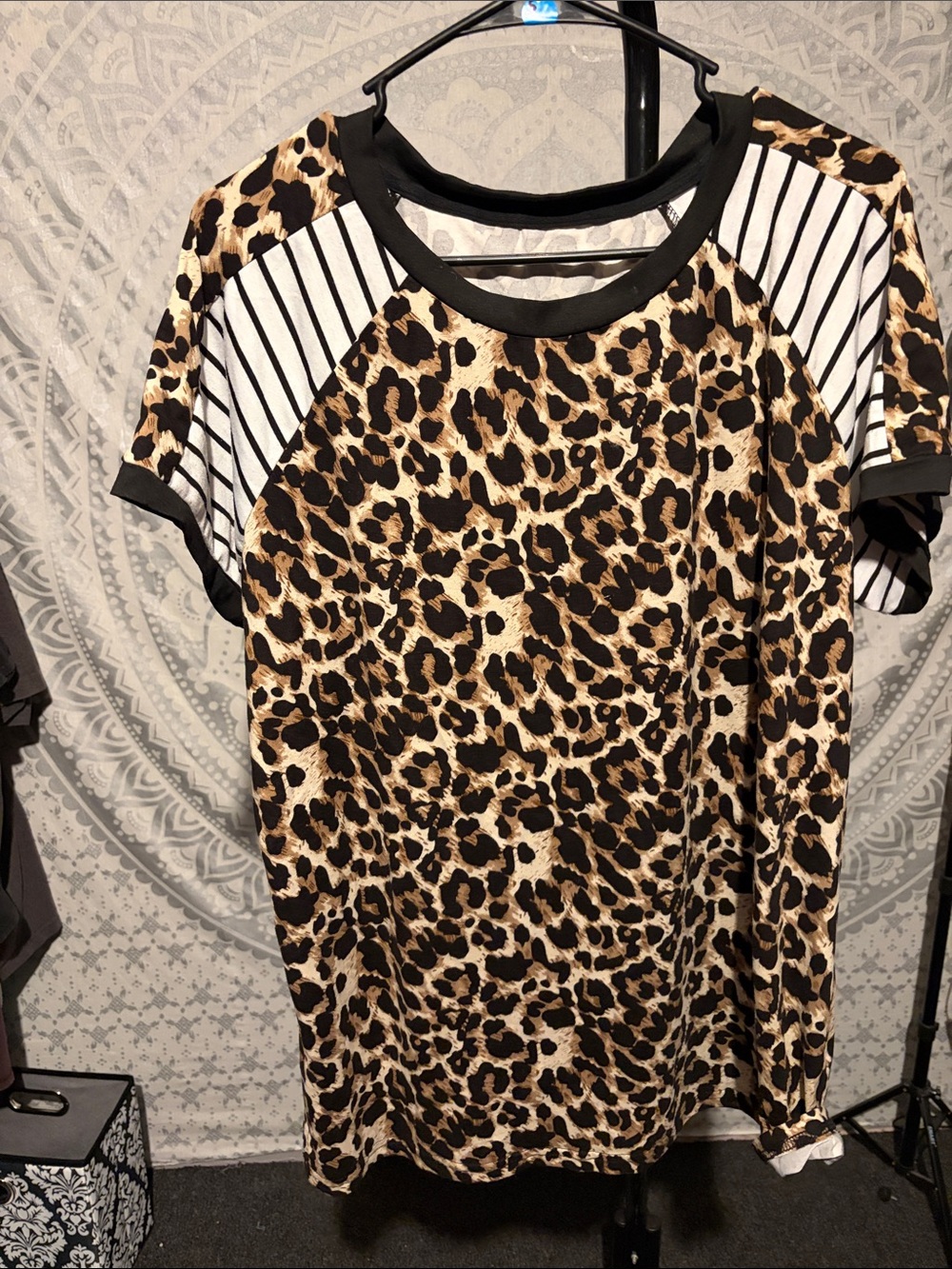 Leopard Print Tee with Striped Sleeve Accent Ptp is 25